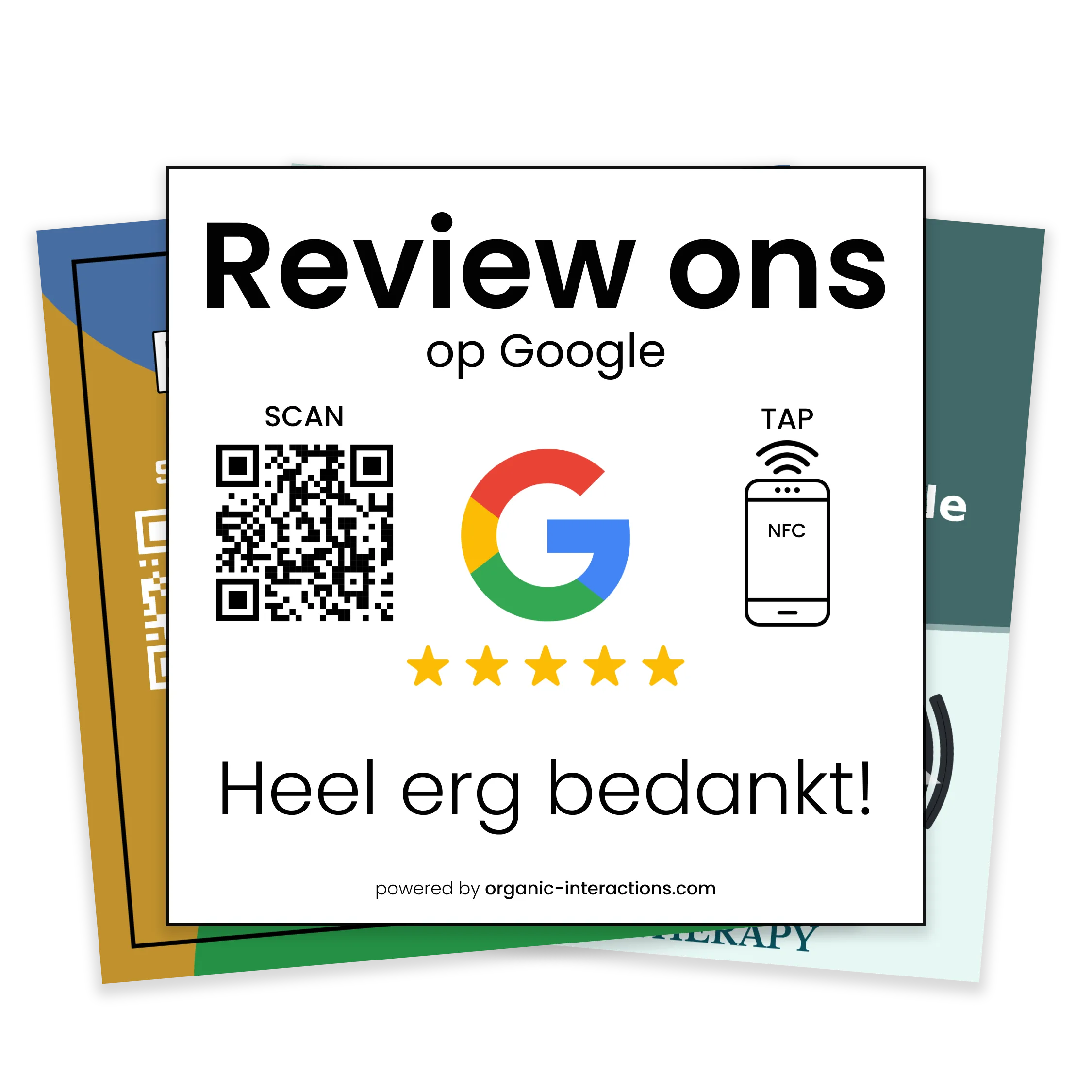 verschillende Google review NFC stands van organic interactions achter elkaar