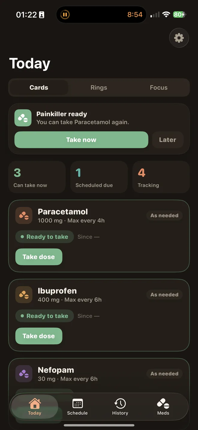 Doses medicijnherinnering-app - Vandaag-scherm met medicijnen die je nu mag innemen
